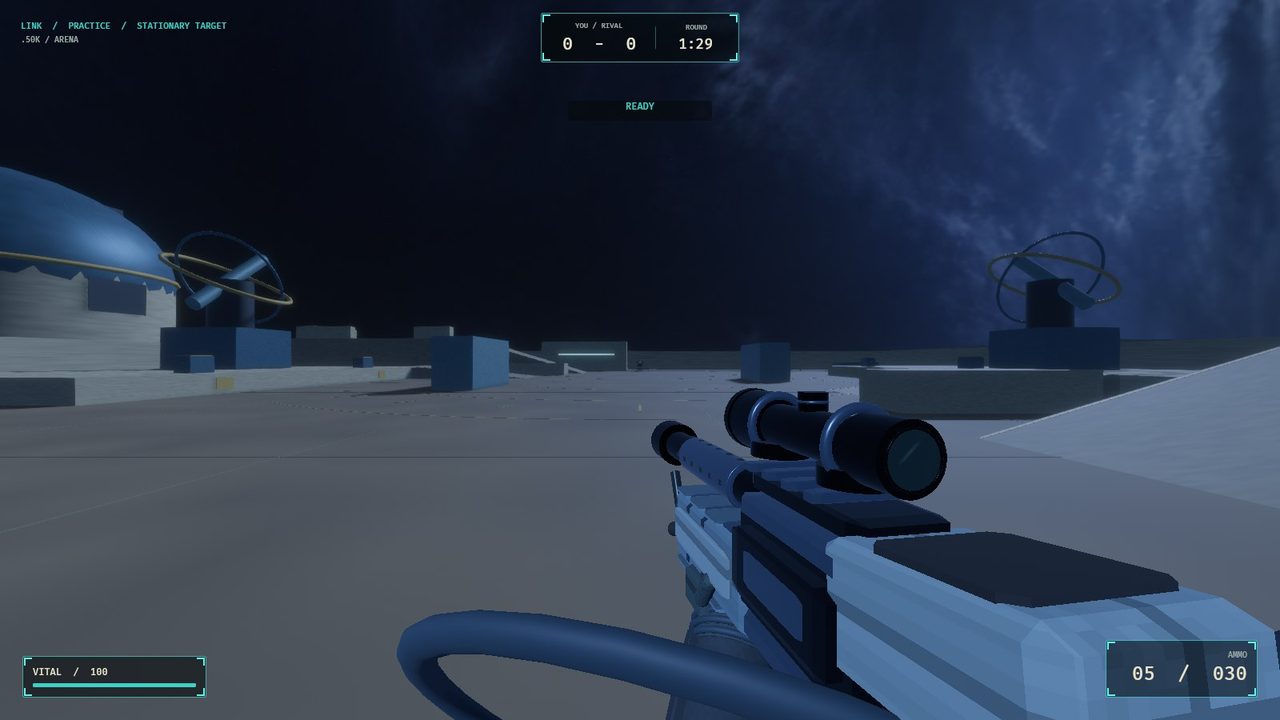 Open observatory deck with domed buildings and ringed telescope mounts under a night sky