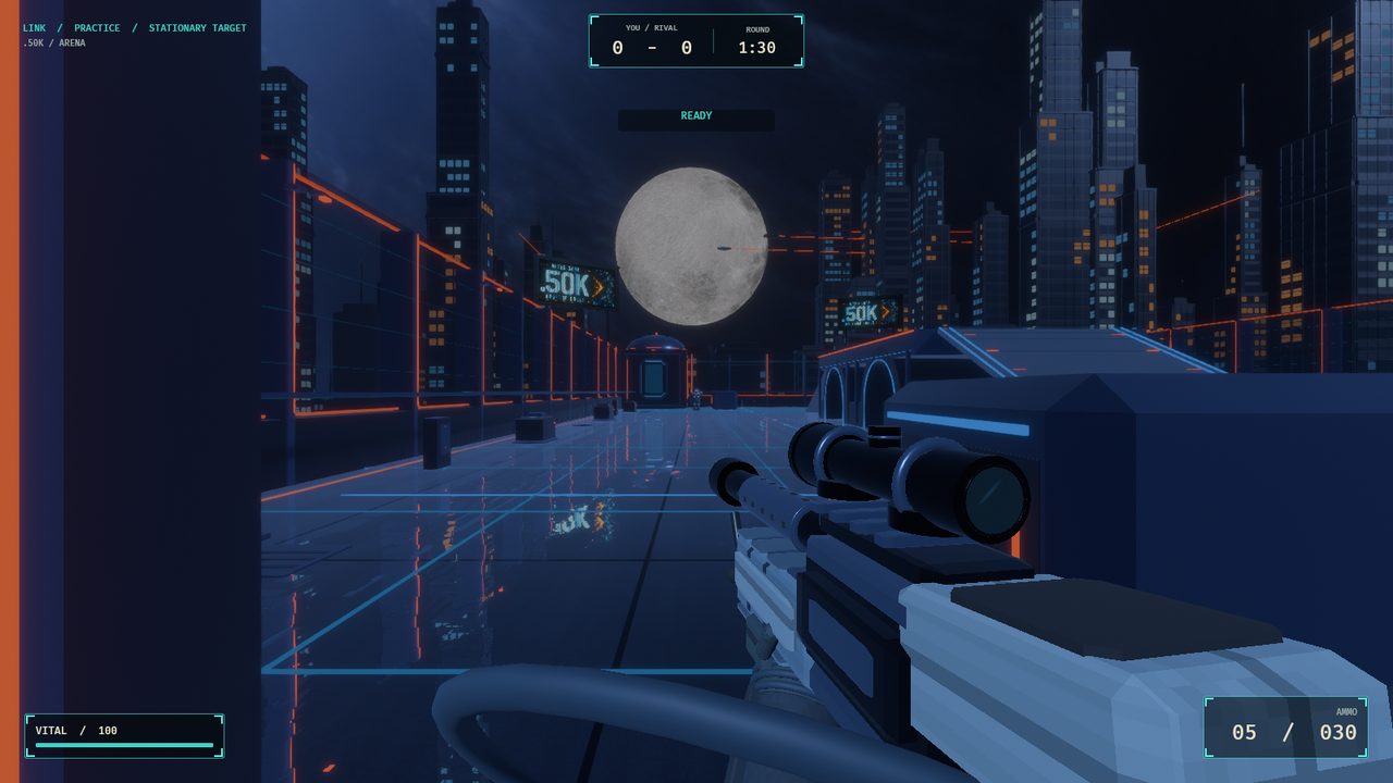 First-person view down a neon-lit rooftop deck at night, a large moon over the skyline