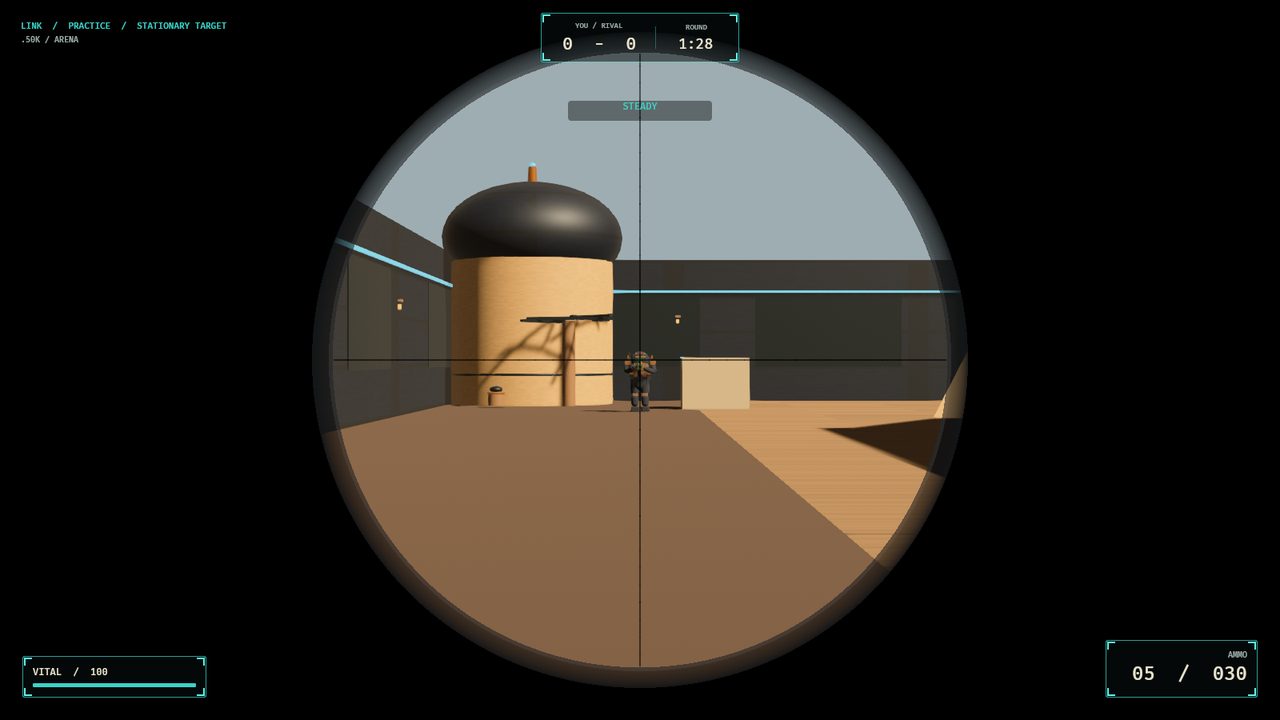 Scoped view of an opponent standing beside a domed tower in a sunlit courtyard