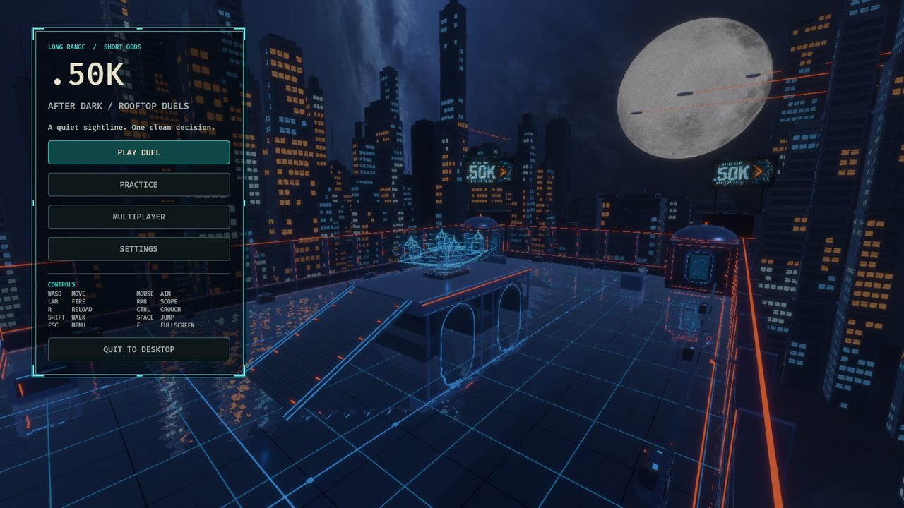 The .50K title menu over the rooftop, with the moon and city skyline